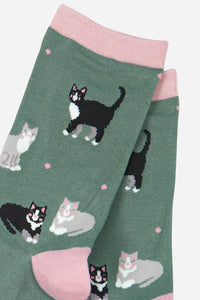 Women's Bamboo Socks Black Cat Ankle Socks Cat Print Novelty Sock Green