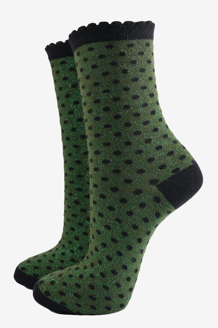 Women's Glitter Socks - Khaki/Black, Small Polka Dot
