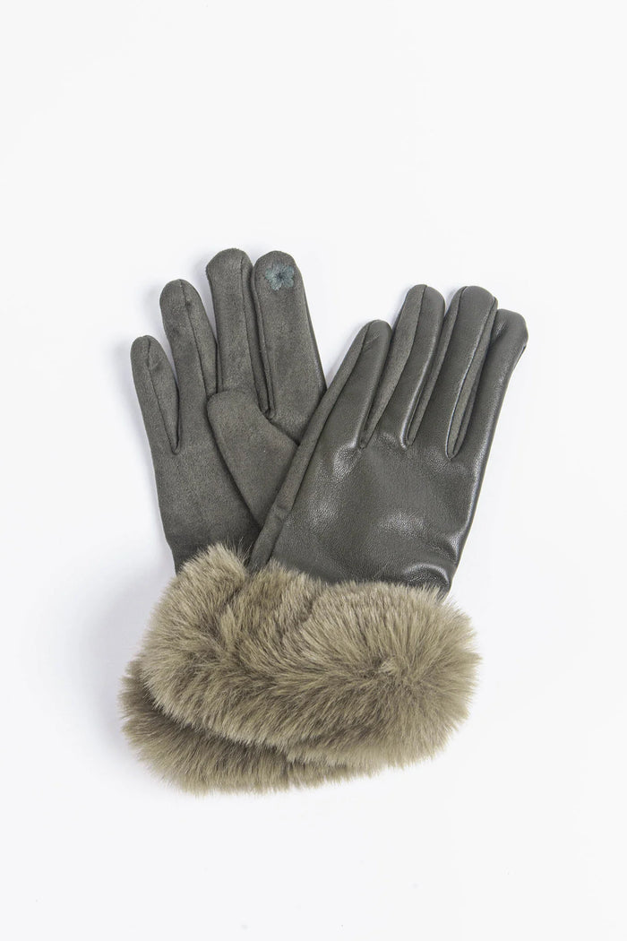 Maya Faux Fur Cuff Gloves - Khaki/Olive, PU