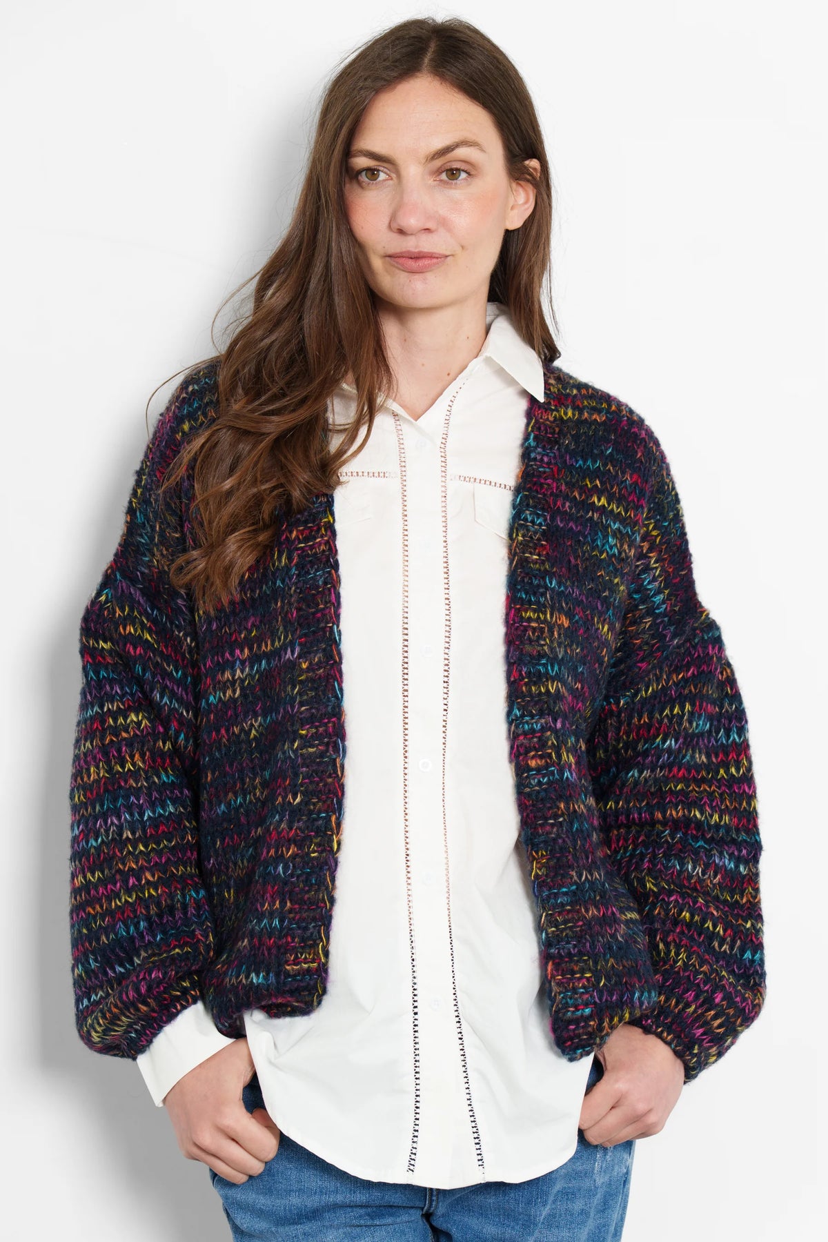 Brodie Wool Blend Cardigan - Navy Blue, Rainbow Knit