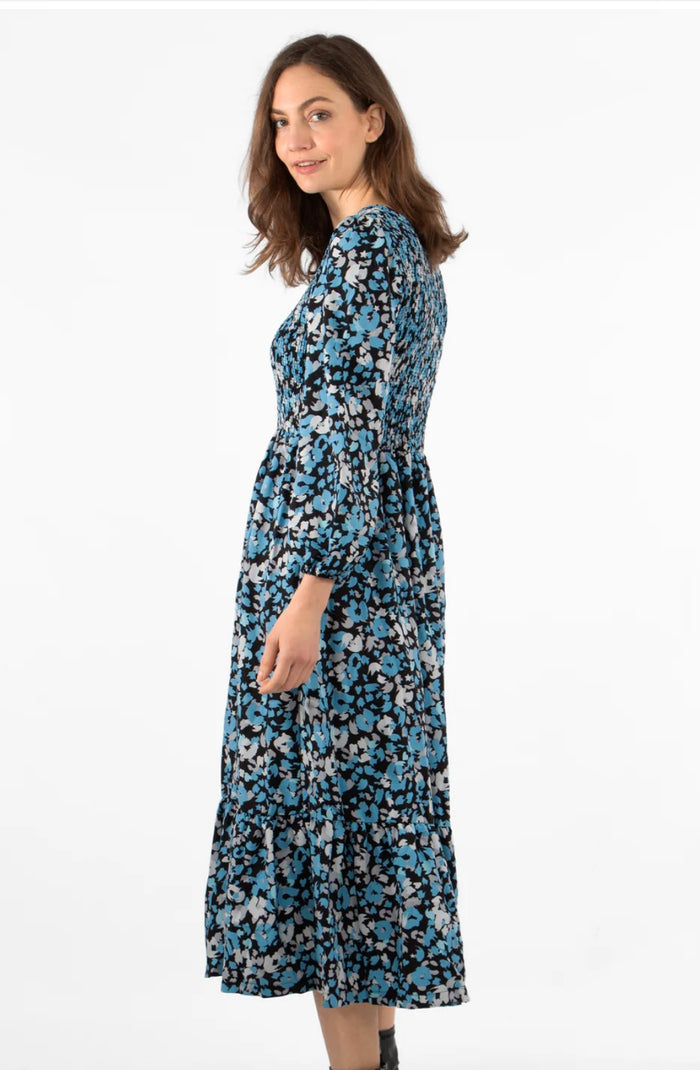 Shirred Bust Midi Dress - Blue, Leopard Print
