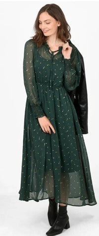 Shirred Shoulder Chiffon Midi Dress - Green, Shooting Stars