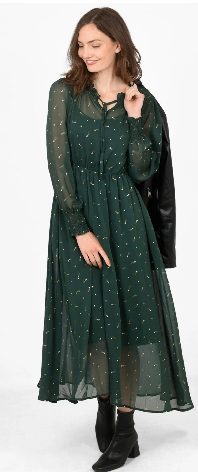 Shirred Shoulder Chiffon Midi Dress - Green, Shooting Stars