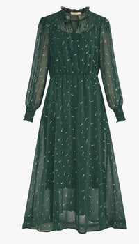 Shirred Shoulder Chiffon Midi Dress - Green, Shooting Stars
