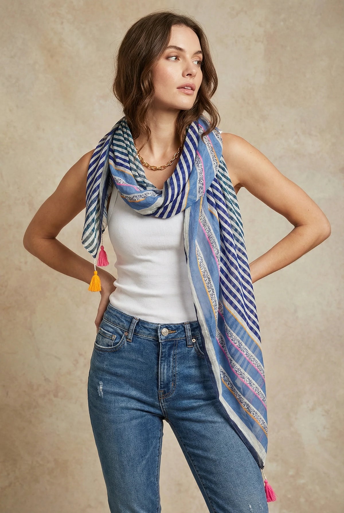 Striped Lightweight Cotton Scarf in Blue