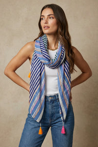 Striped Lightweight Cotton Scarf in Blue
