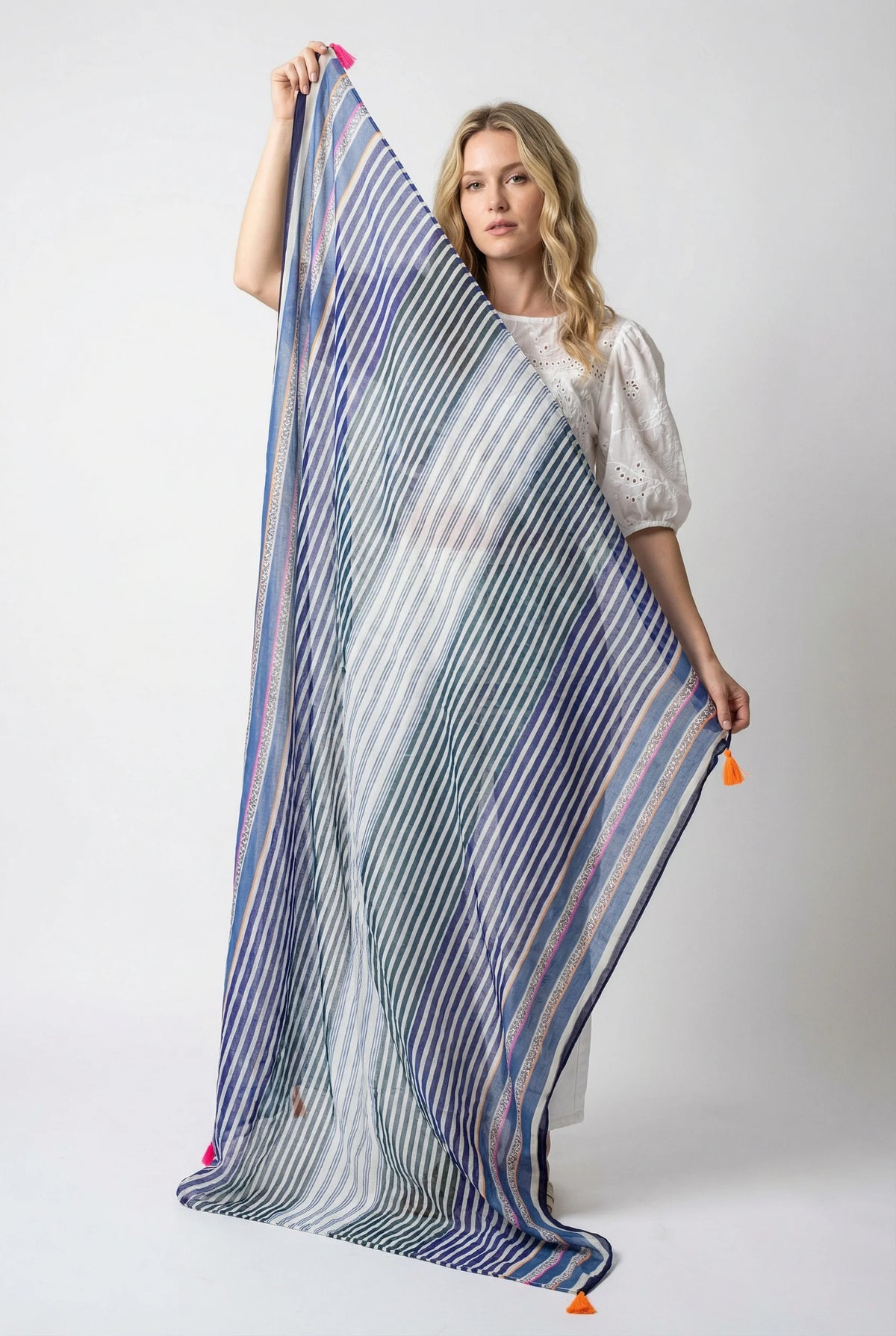 Striped Lightweight Cotton Scarf in Blue