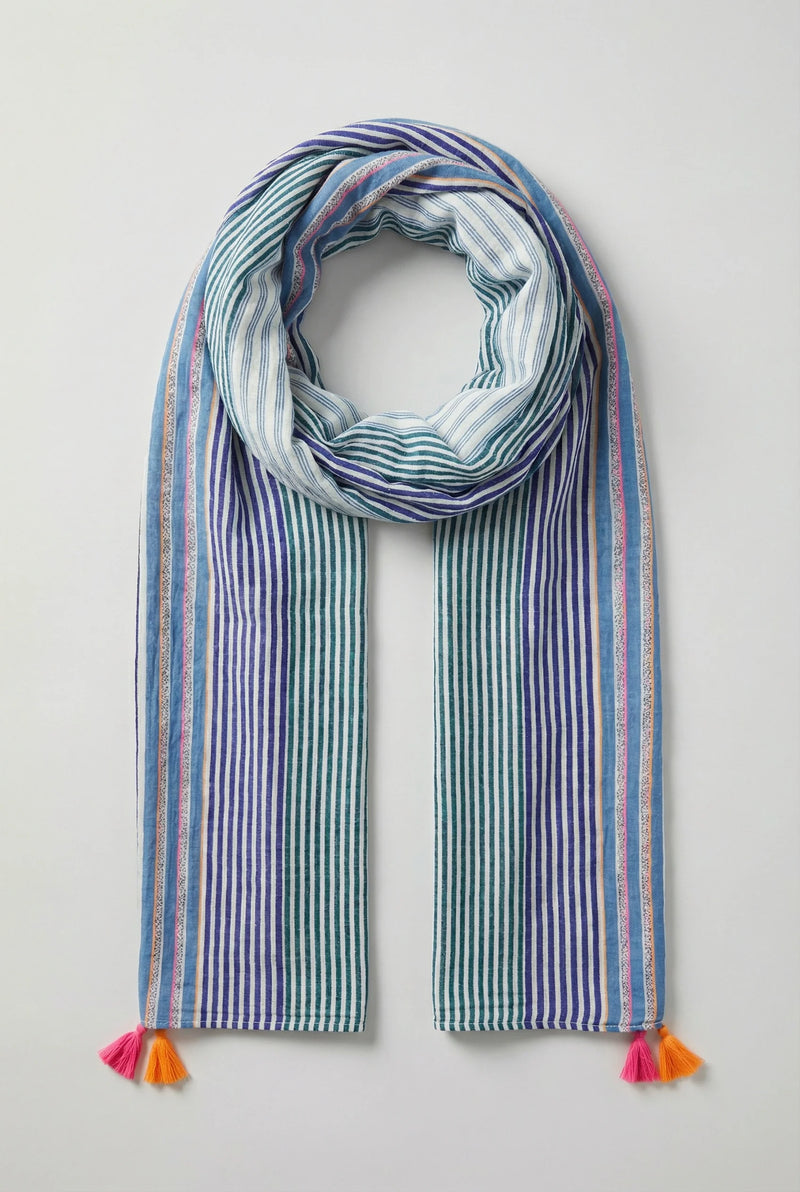 Striped Lightweight Cotton Scarf in Blue