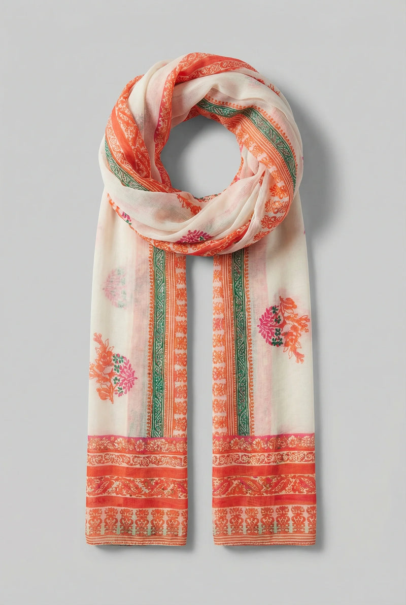 Paisley Print & Leaf Lightweight Cotton Scarf in Orange