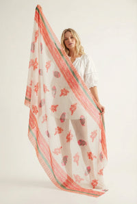 Paisley Print & Leaf Lightweight Cotton Scarf in Orange