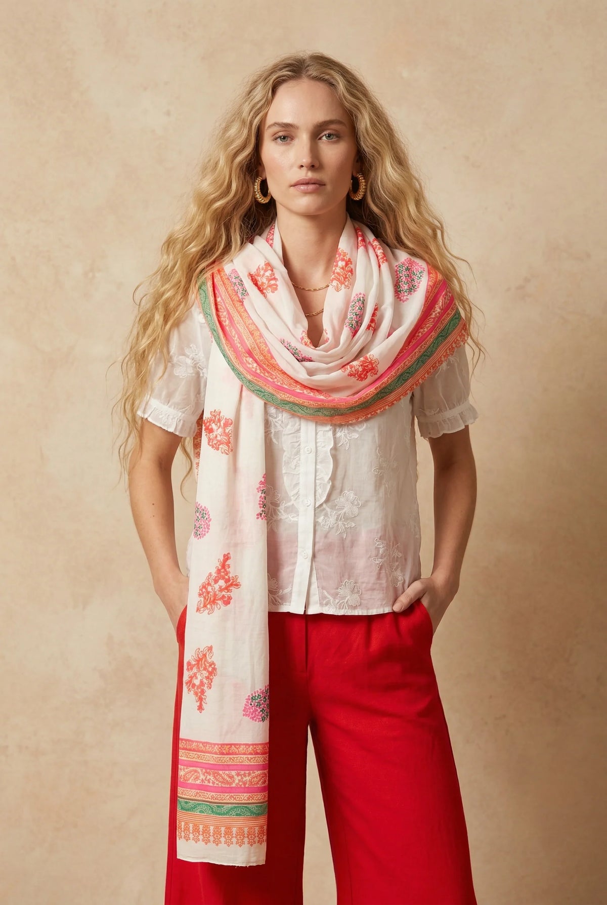Paisley Print & Leaf Lightweight Cotton Scarf in Orange