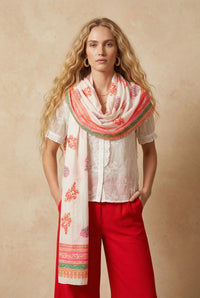 Paisley Print & Leaf Lightweight Cotton Scarf in Orange