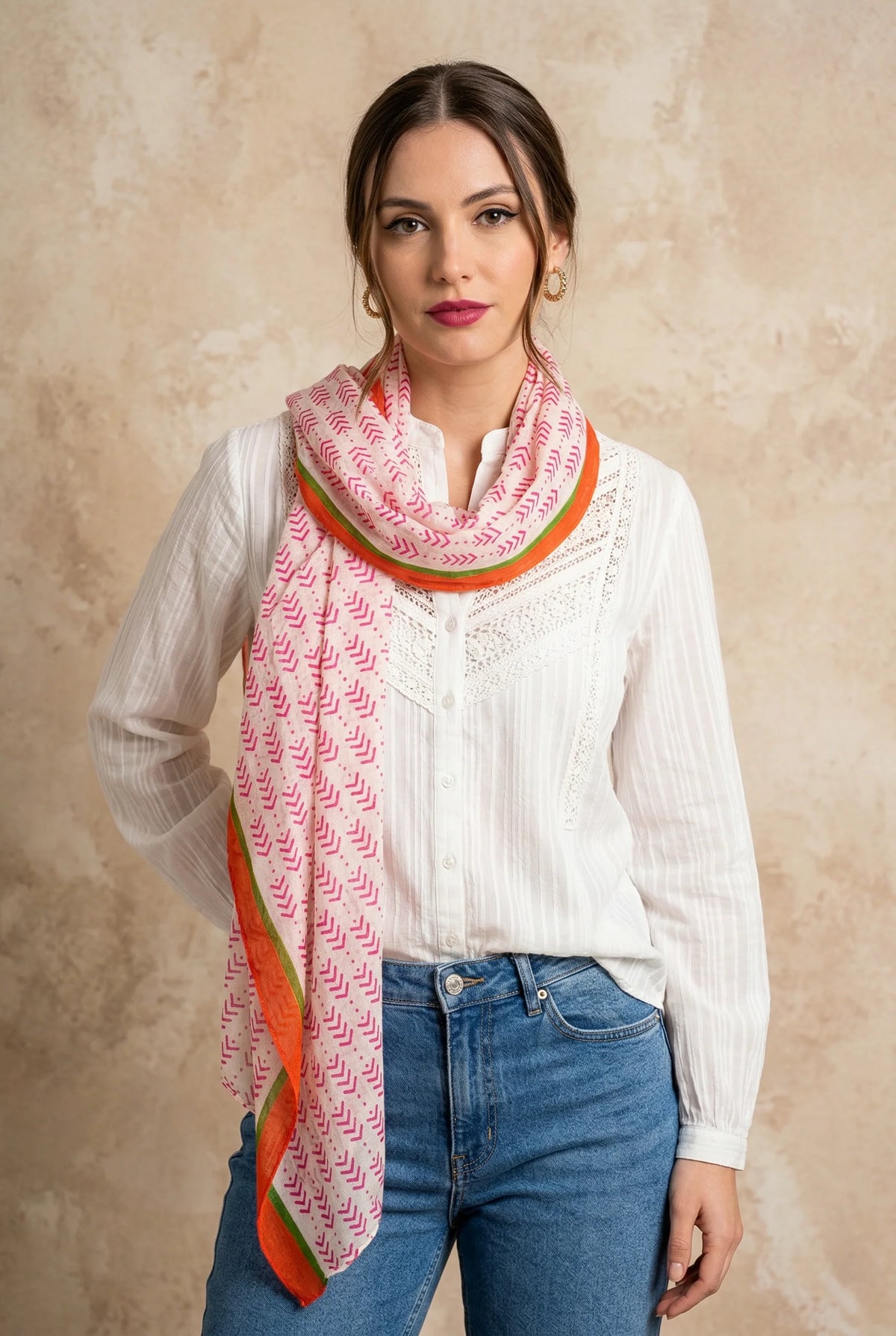 Chevron Print Lightweight Cotton Scarf in Pink