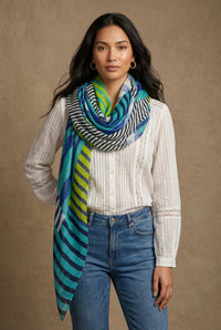 Block Stripe Lightweight Cotton Scarf in Blue