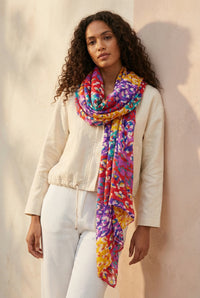 Leopard Print Lightweight Cotton Scarf in Pink/Orange