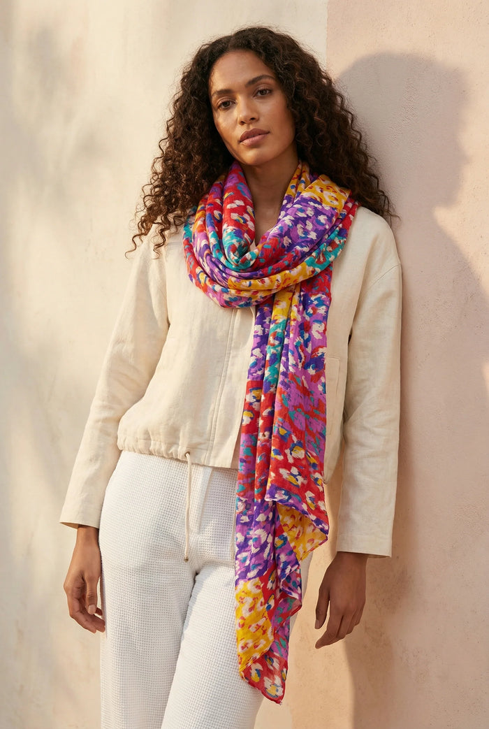 Leopard Print Lightweight Cotton Scarf in Pink/Orange