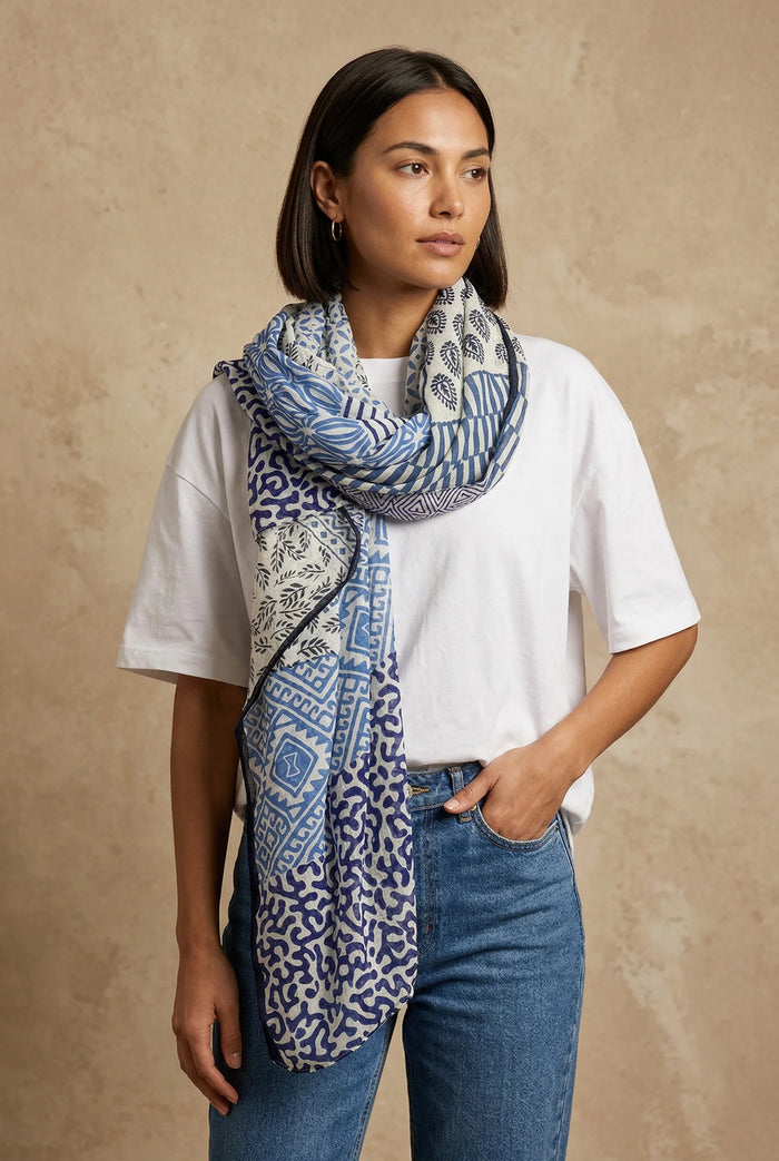 Mixed Print Lightweight Cotton Scarf in Blue