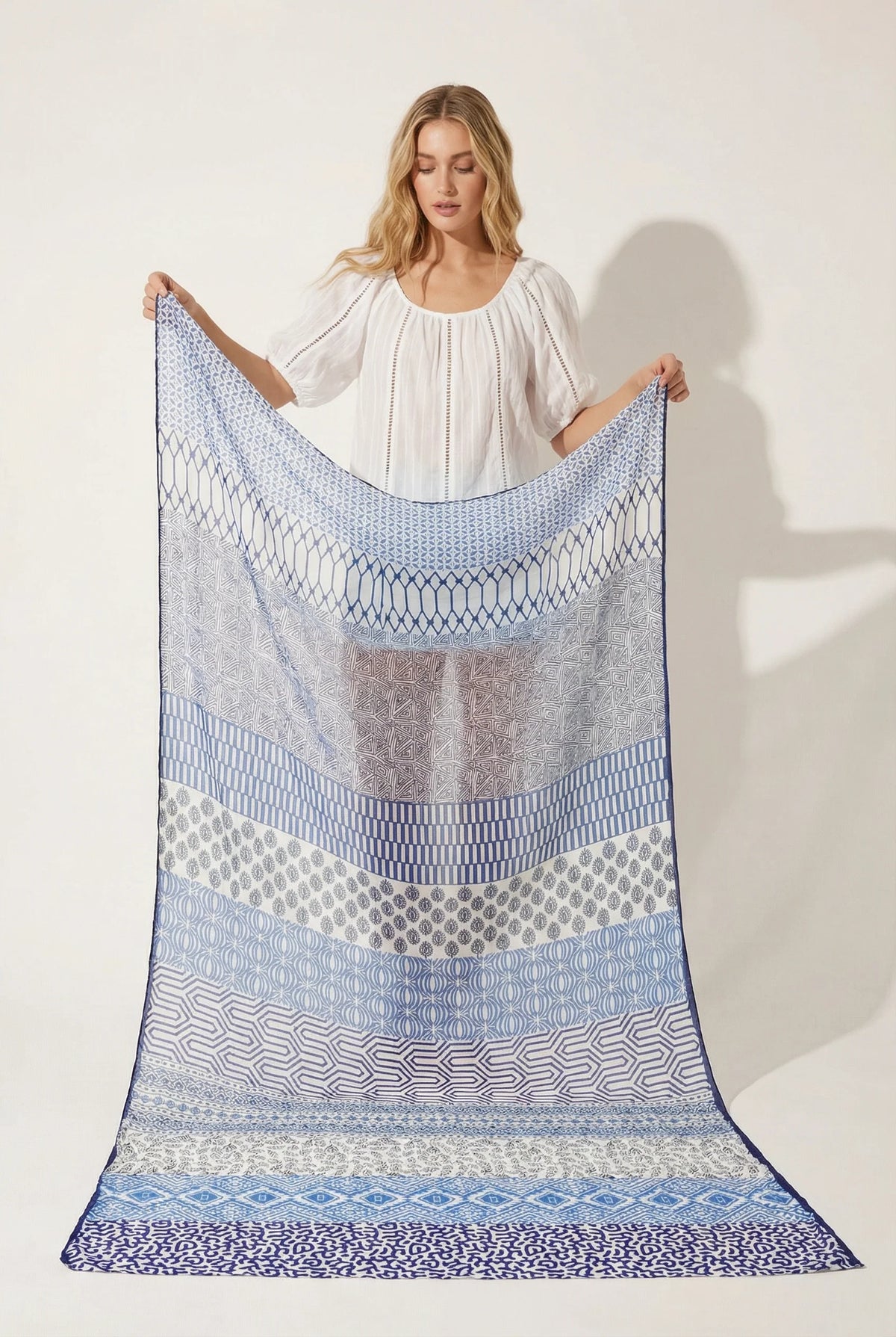 Mixed Print Lightweight Cotton Scarf in Blue