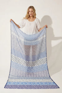 Mixed Print Lightweight Cotton Scarf in Blue