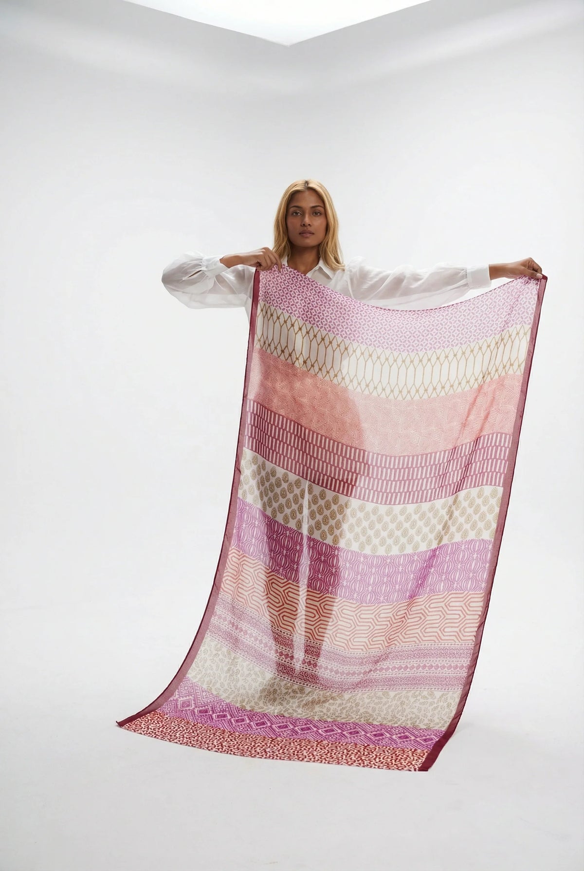 Mixed Print Lightweight Cotton Scarf in Pink