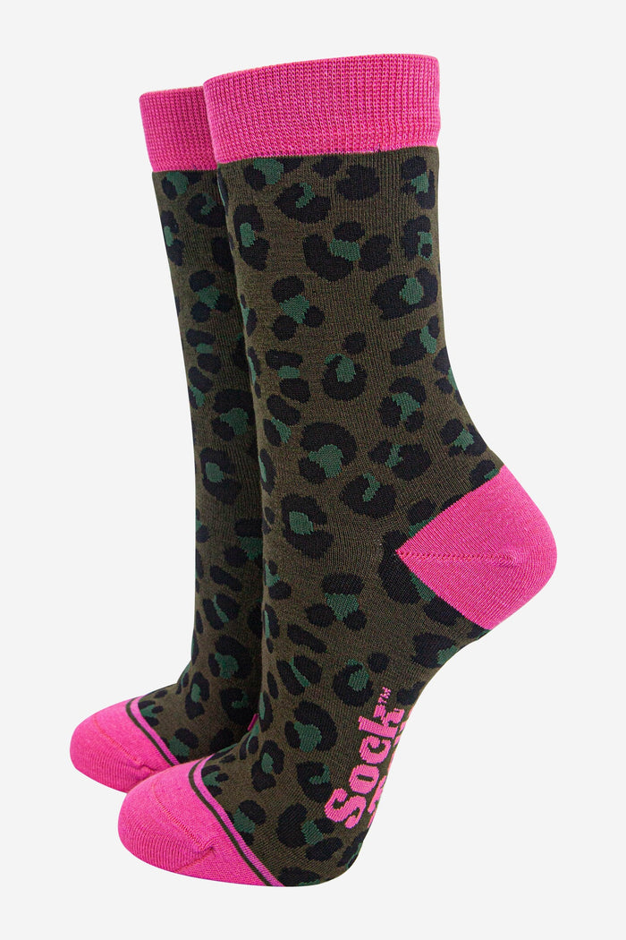 Women's Bamboo Socks - Khaki/Hot Pink, Leopard