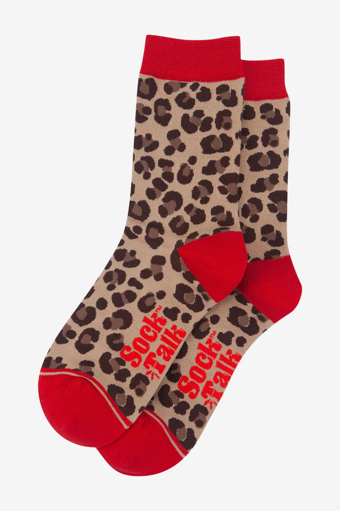 Women's Bamboo Socks - Beige/Red, Leopard