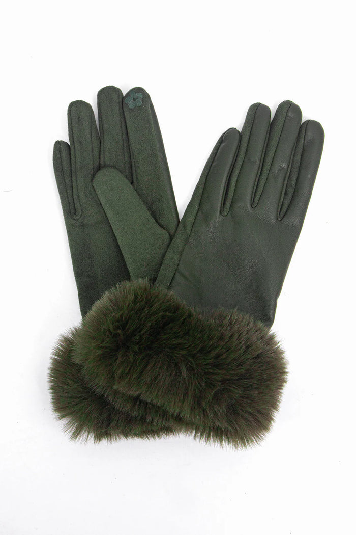 Maya Faux Fur Cuff Gloves - Khaki, PU