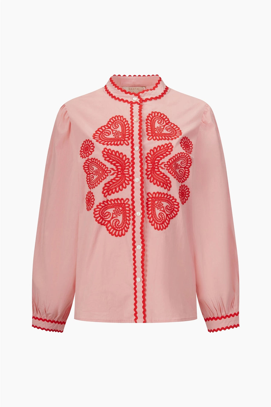Embroidered Hearts Long Sleeve Cotton Shirt in Pink