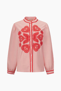 Embroidered Hearts Long Sleeve Cotton Shirt in Pink