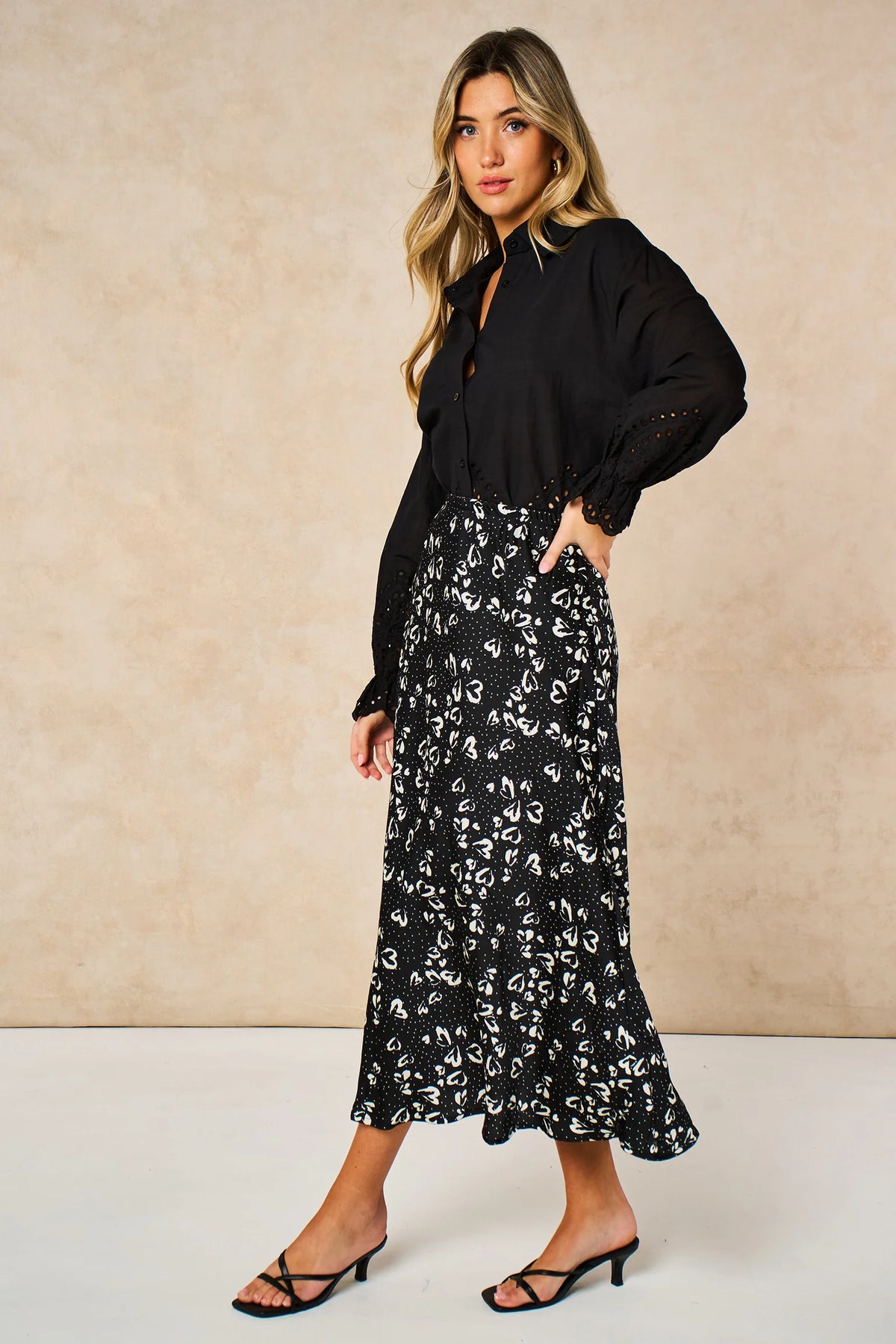 Love Hearts Midi Slip Skirt in Black