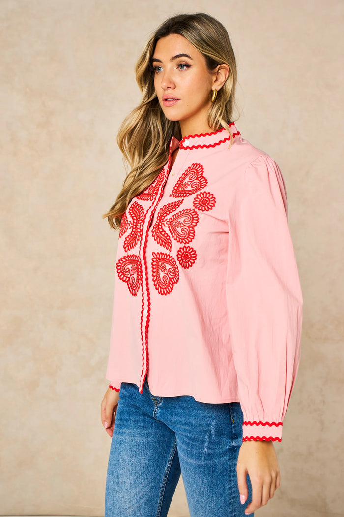 Embroidered Hearts Long Sleeve Cotton Shirt in Pink