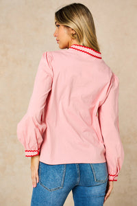 Embroidered Hearts Long Sleeve Cotton Shirt in Pink