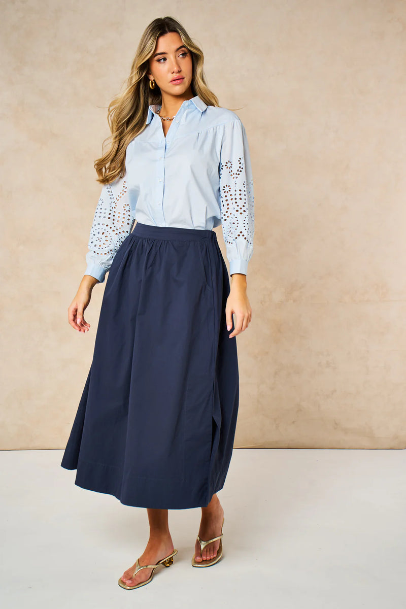 Anya Cotton Oversized Shirt - Blue, Cut-Out Broderie