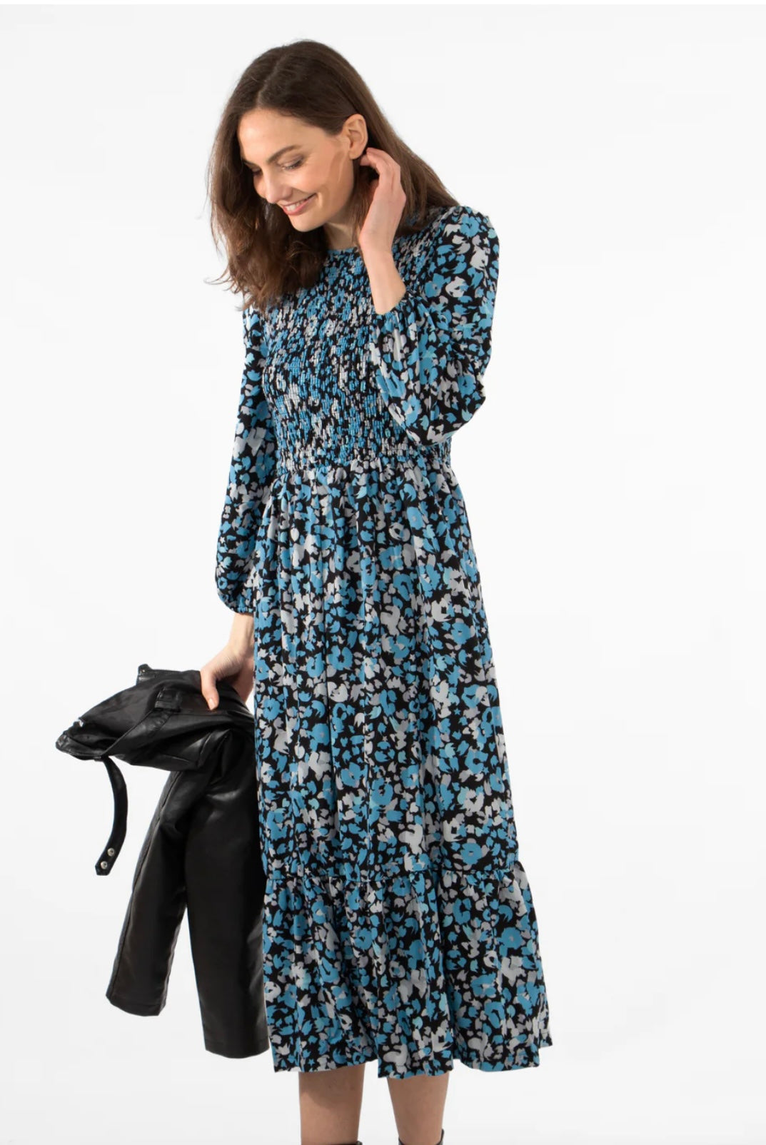Shirred Bust Midi Dress - Blue, Leopard Print