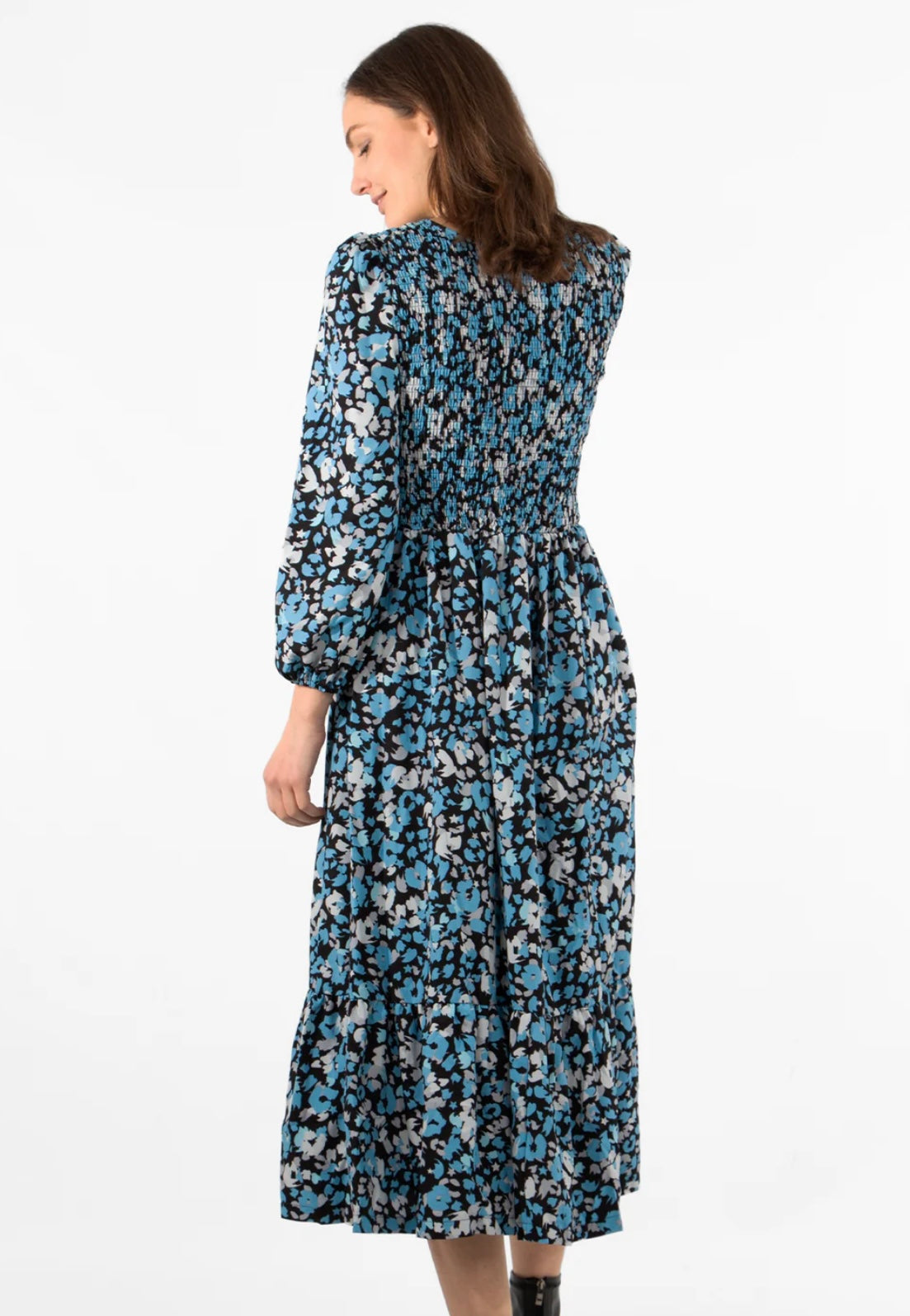 Shirred Bust Midi Dress - Blue, Leopard Print