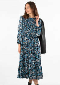 Shirred Bust Midi Dress - Blue, Leopard Print