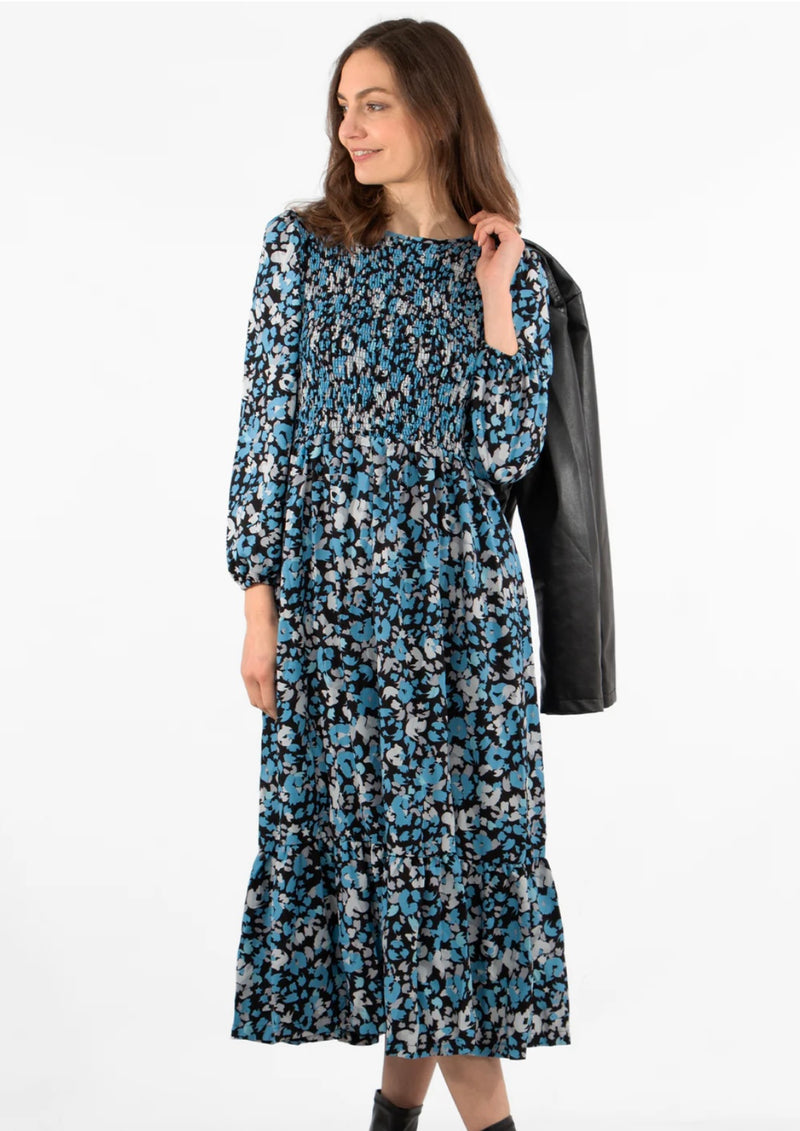 Shirred Bust Midi Dress - Blue, Leopard Print