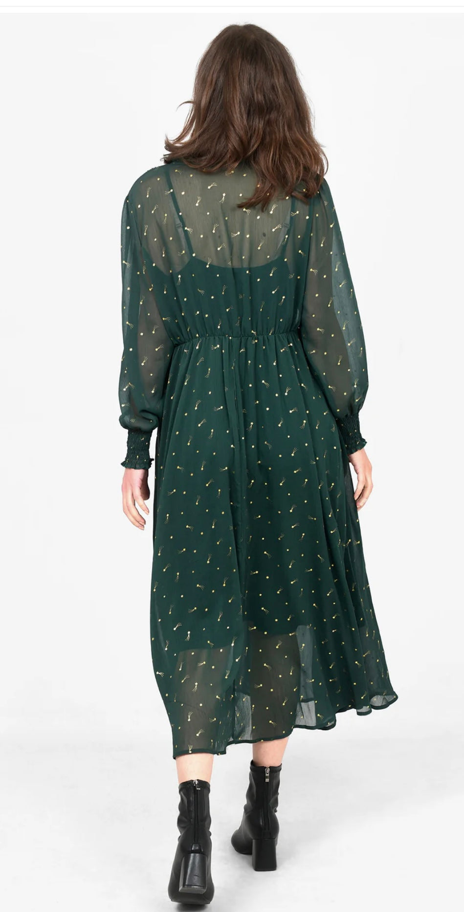 Shirred Shoulder Chiffon Midi Dress - Green, Shooting Stars