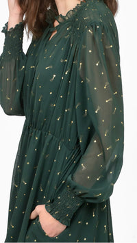 Shirred Shoulder Chiffon Midi Dress - Green, Shooting Stars