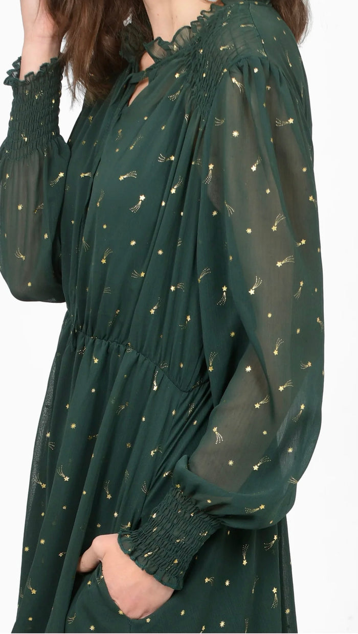 Shirred Shoulder Chiffon Midi Dress - Green, Shooting Stars