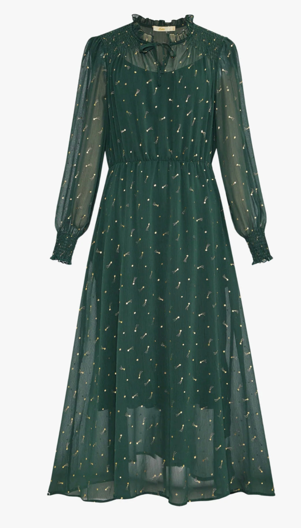 Shirred Shoulder Chiffon Midi Dress - Green, Shooting Stars