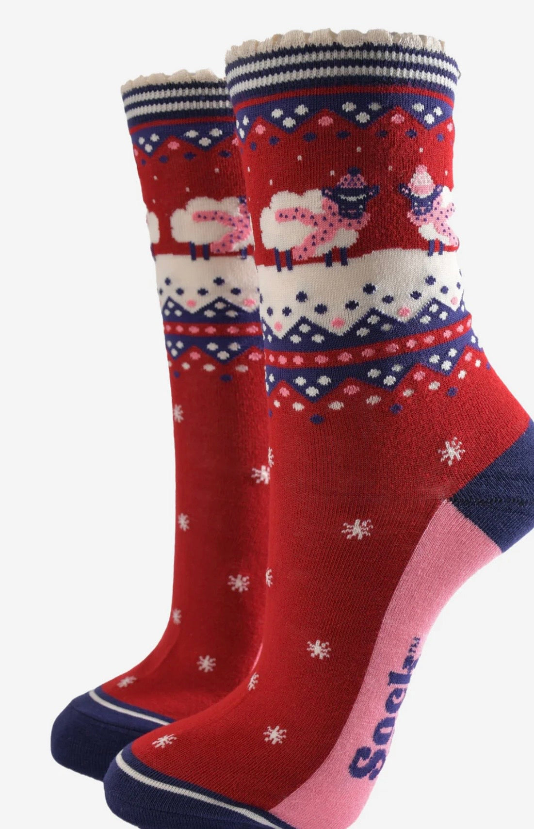 Women's Bamboo Socks - Red/Navy Blue, Sheep Fair Isle
