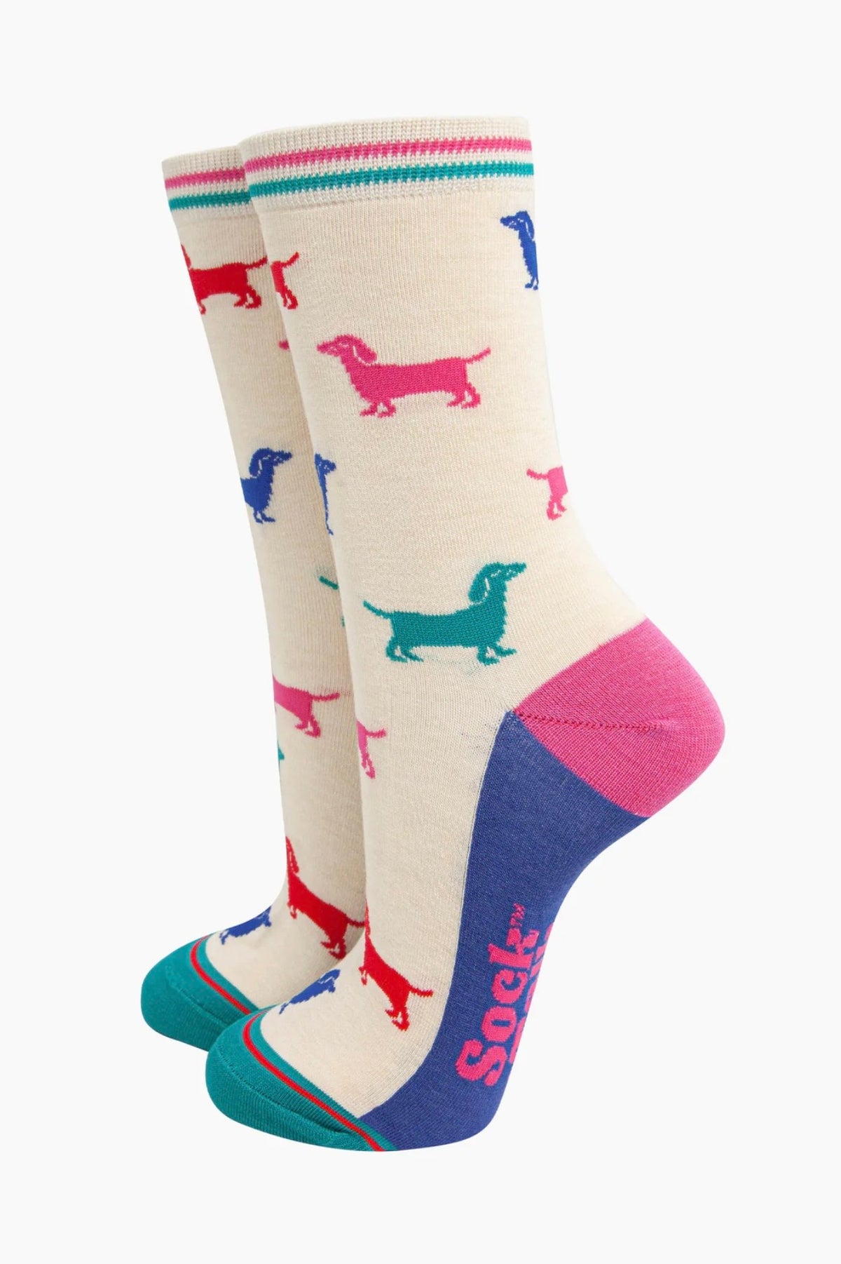 Women's Bamboo Socks - Cream/Multi, Sausage Dog