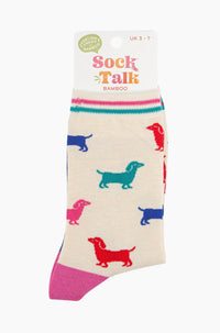 Women's Bamboo Socks - Cream/Multi, Sausage Dog