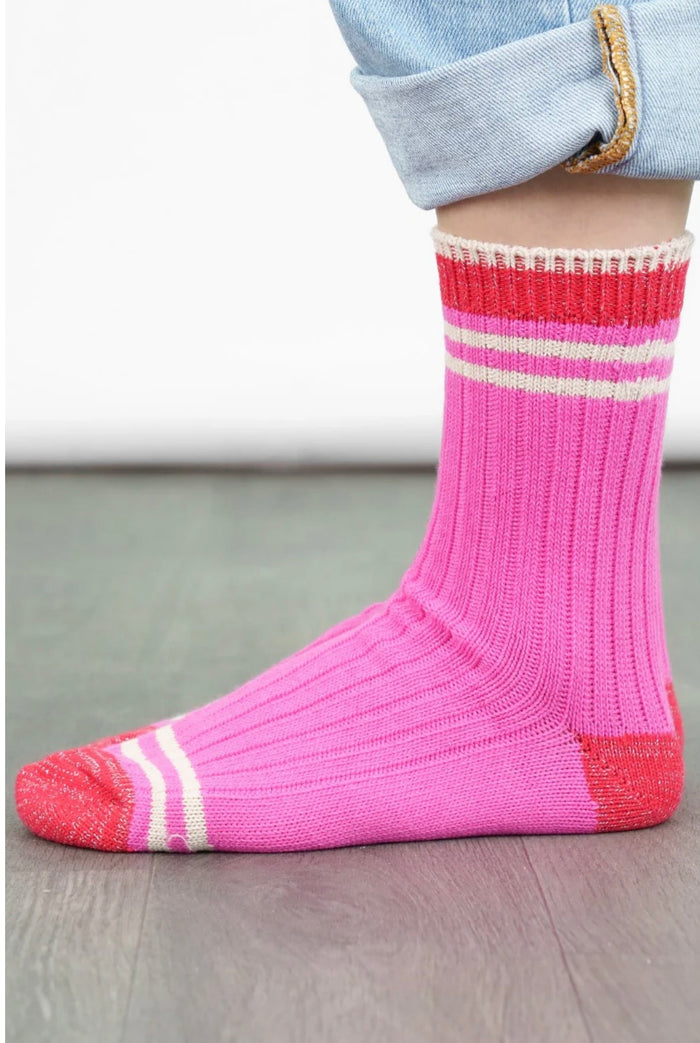 Women's Mid-Calf Socks- Pink/Red, Striped Cuff