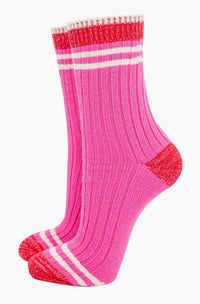 Women's Mid-Calf Socks- Pink/Red, Striped Cuff