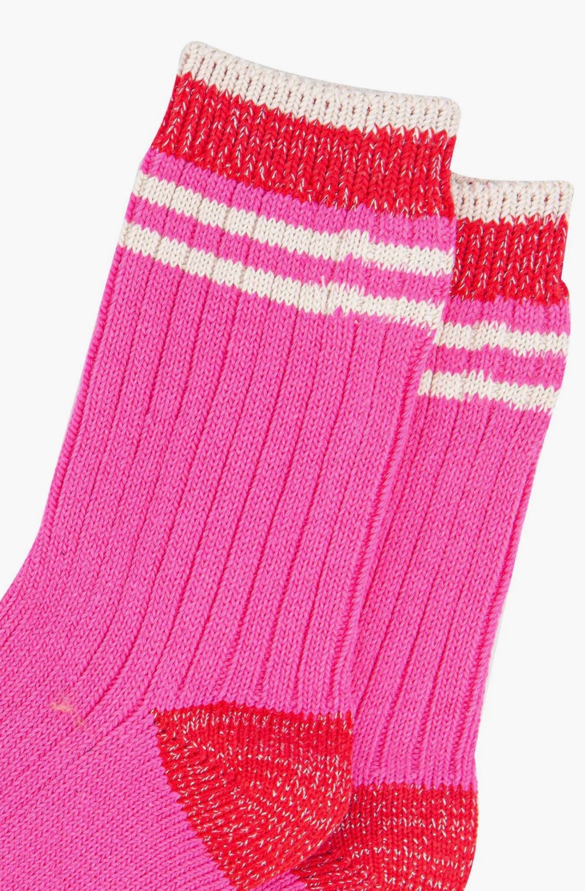Women's Mid-Calf Socks- Pink/Red, Striped Cuff