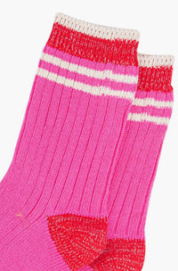 Women's Mid-Calf Socks- Pink/Red, Striped Cuff