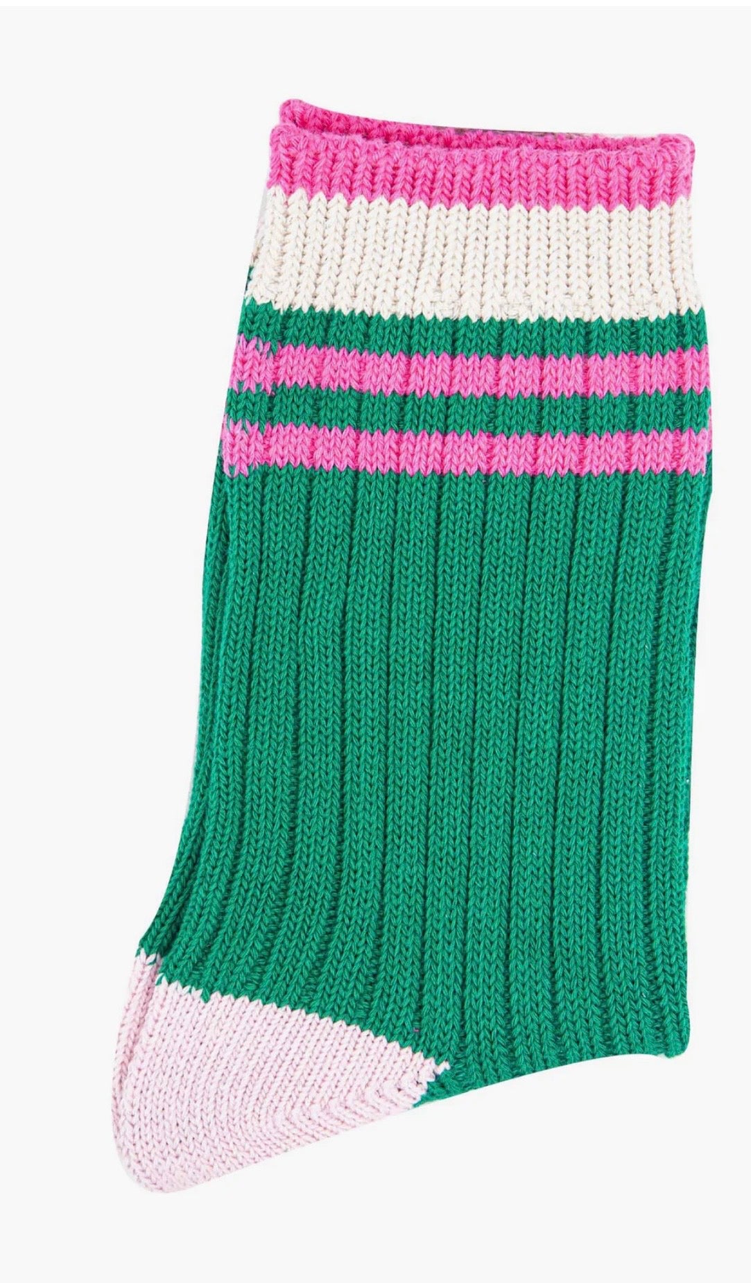 Women's Mid-Calf Socks- Green/Pink, Striped Cuff