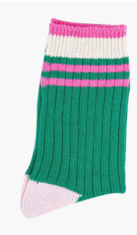 Women's Mid-Calf Socks- Green/Pink, Striped Cuff